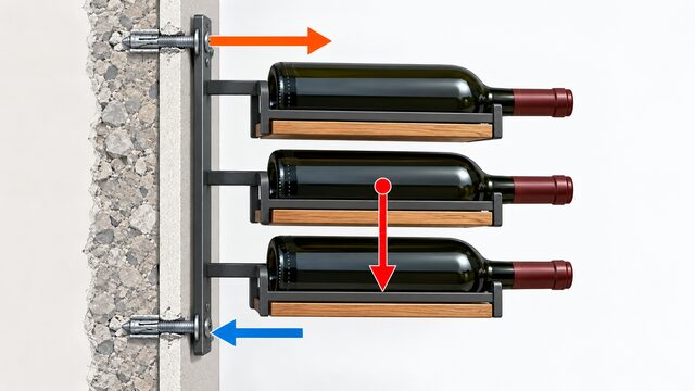 Vue latérale d’un casier à vin mural illustrant le poids, le déport et l’effort d’arrachement