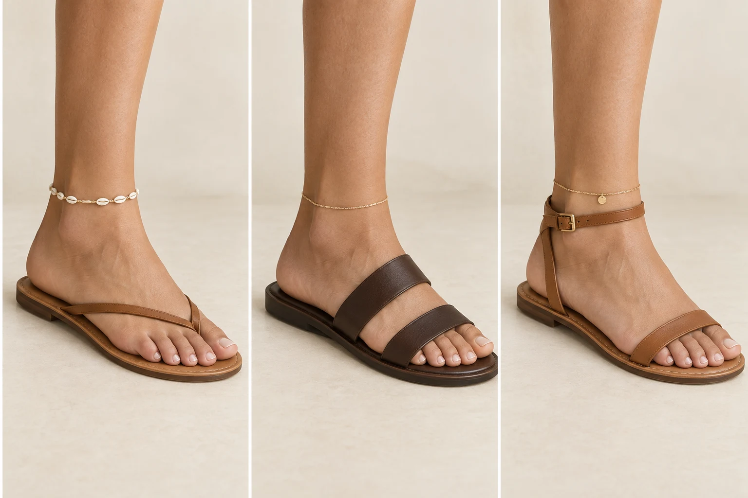 Trois associations de bracelets de cheville avec des nu-pieds, des mules et des sandales à bride